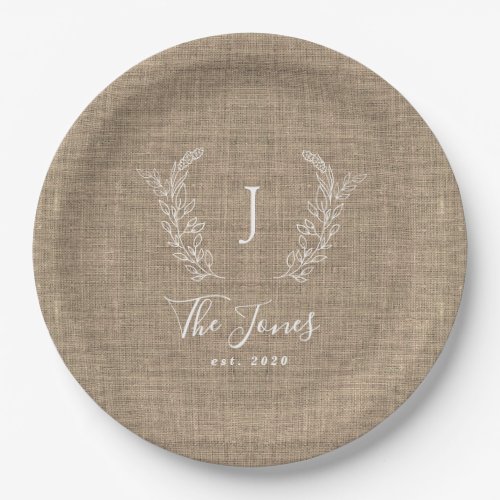 Family monogramed name personalized burlap rustic paper plates