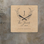 Family monogrammed rustic farmhouse elegant square wall clock<br><div class="desc">Custom monogram and name with family established year and place elegant chic farmhouse style beige burlap wall clock.         A modern keepsake gift for weddings,  anniversaries,  housewarmings,  Thanksgiving,  Christmas holidays.</div>