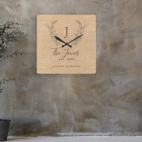 Family monogrammed rustic farmhouse elegant square wall clock