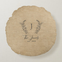 Family monogrammed rustic farmhouse round pillow