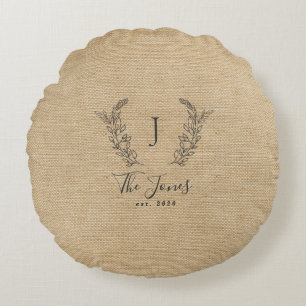 Family monogrammed rustic farmhouse round pillow