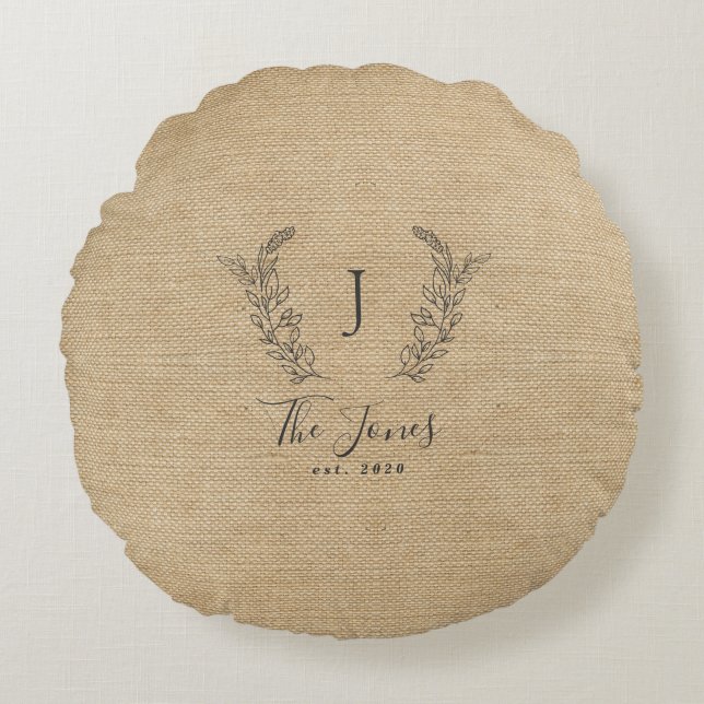 Family monogrammed rustic farmhouse round pillow (Front)