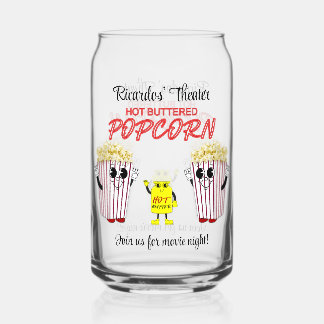 Family Movie Theater Fun Popcorn Mascots Can Glass