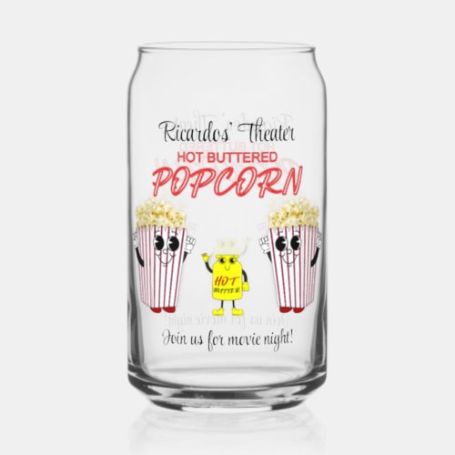 Family Movie Theater Fun Popcorn Mascots  Can Glass