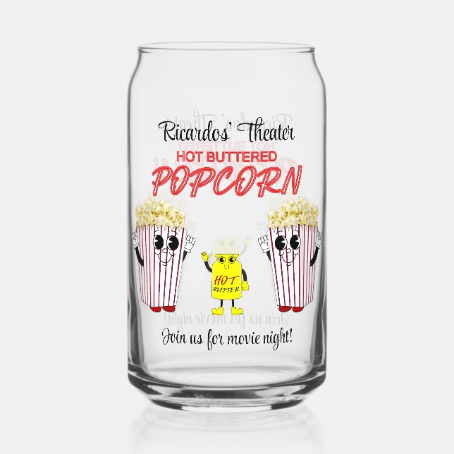 Family Movie Theater Fun Popcorn Mascots  Can Glass (Front)