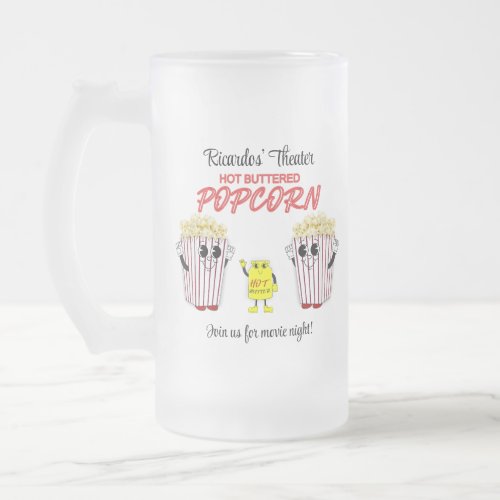 Family Movie Theater Fun Popcorn Mascots  Frosted Glass Beer Mug