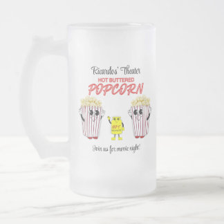 Family Movie Theater Fun Popcorn Mascots Frosted Glass Beer Mug