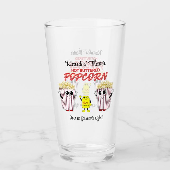Family Movie Theater Fun Popcorn Mascots Pint Beer Glass (Front)