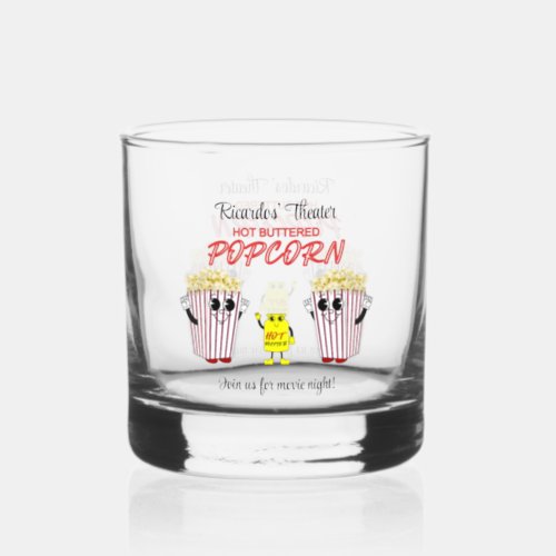 Family Movie Theater Fun Popcorn Mascots Rocks Whiskey Glass