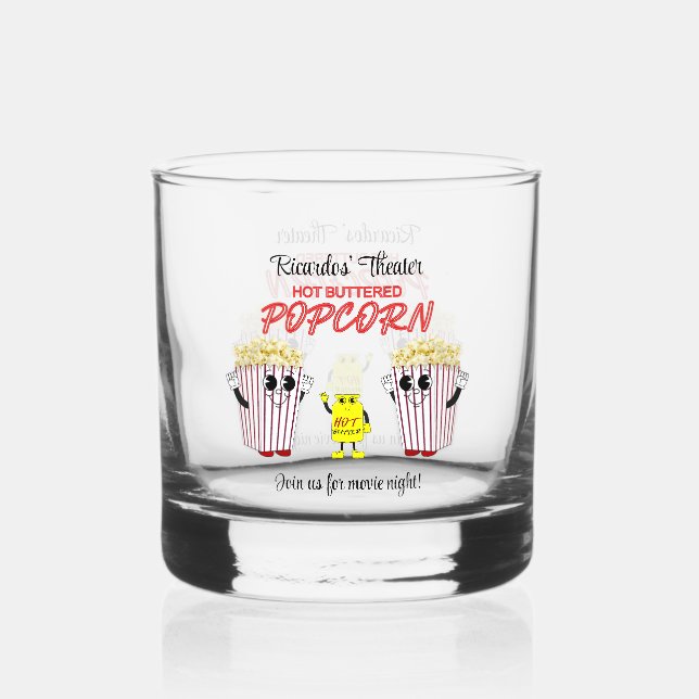Family Movie Theater Fun Popcorn Mascots Rocks Whiskey Glass (Front)