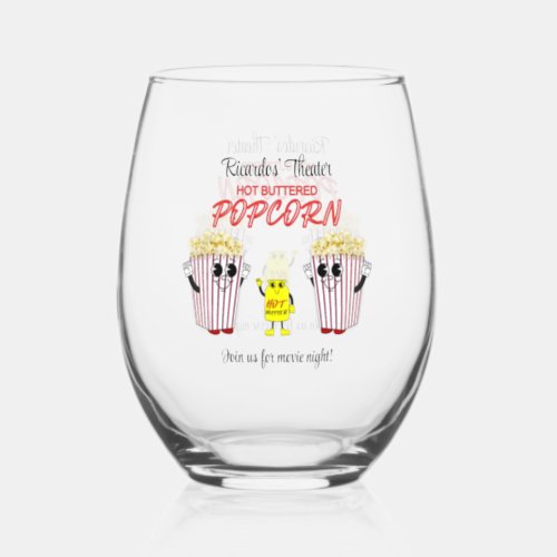 Family Movie Theater Fun Popcorn Mascots  Stemless Wine Glass
