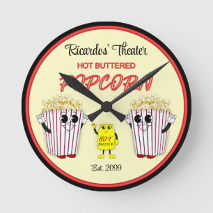 Family Movie Theater with Hot Buttered Popcorn Round Clock