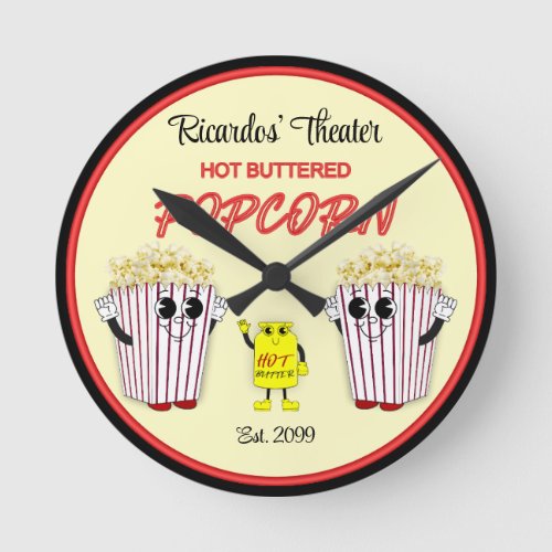 Family Movie Theater with Hot Buttered Popcorn  Round Clock
