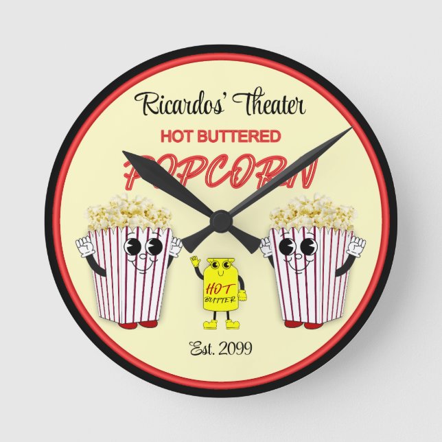 Family Movie Theater with Hot Buttered Popcorn  Round Clock (Front)