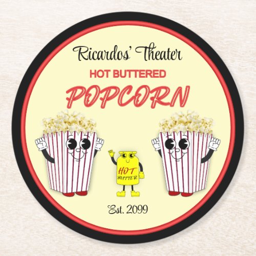 Family Movie Theater with Hot Buttered Popcorn  Round Paper Coaster