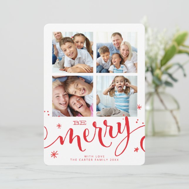 FAMILY MULTI 4 PHOTO modern calligraphy merry red Announcement (Standing Front)