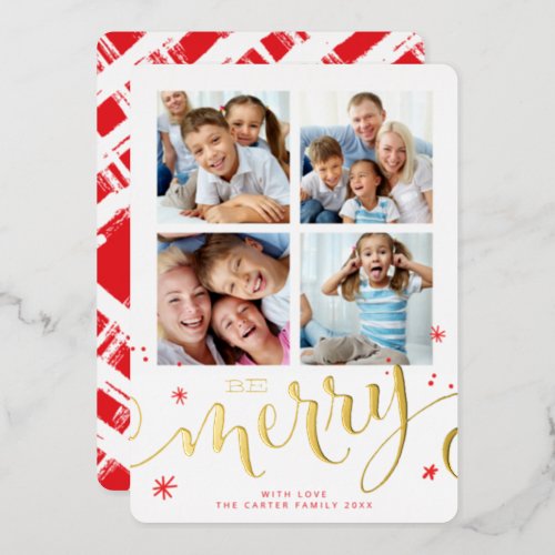 FAMILY MULTI 4 PHOTO modern calligraphy merry red  Foil Holiday Card