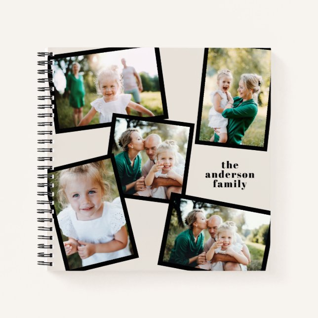 Family multi photo black and cream modern simple notebook (Front)