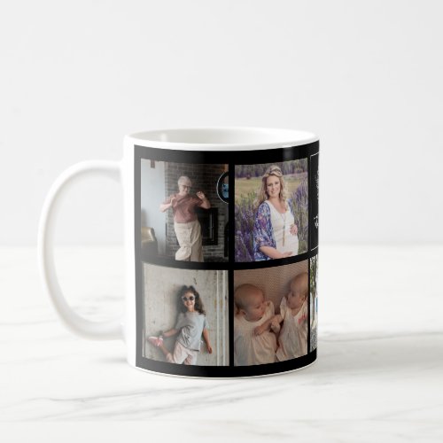 Family multi photo black and white monogrammed coffee mug