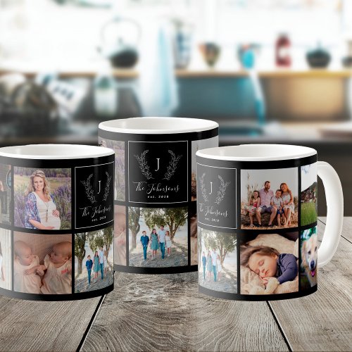 Family multi photo black and white monogrammed coffee mug