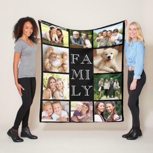 Family Multi_Photo Collage Black Personalized Fleece Blanket