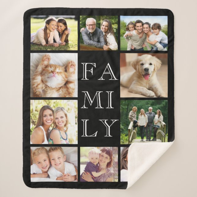 Family Multi-Photo Collage Personalized Black Sherpa Blanket (Front)