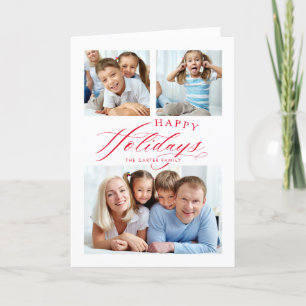 FAMILY MULTI PHOTO Happy Holidays calligraphy red  Holiday Card