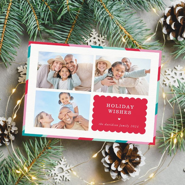 FAMILY MULTI PHOTO modern cute border red pink Holiday Card (Creator Uploaded)
