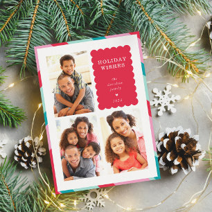 FAMILY MULTI PHOTO modern minimal border red pink Holiday Card