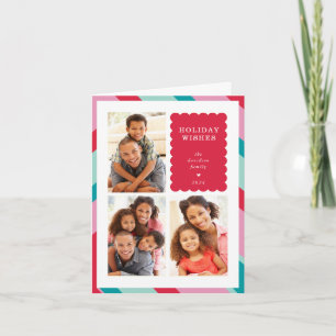 FAMILY MULTI PHOTO modern minimal border red pink Holiday Card