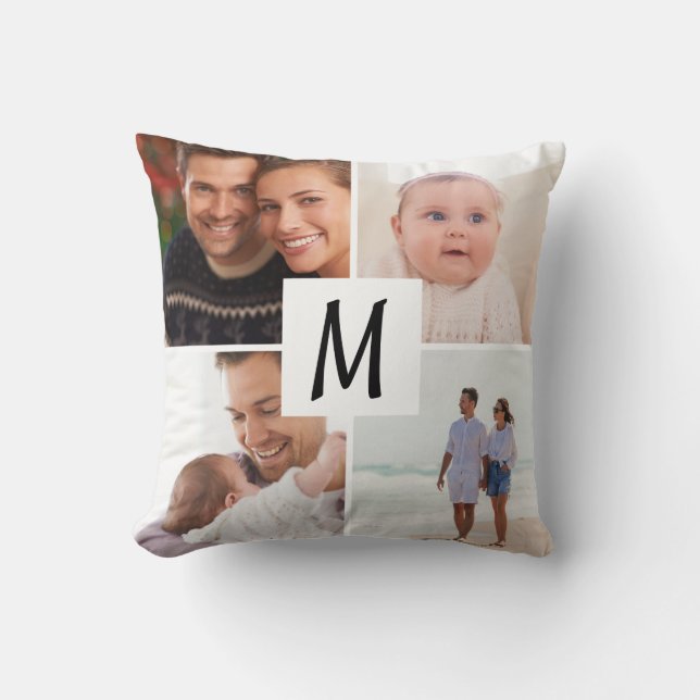 Family Multi Photo Monogram Throw Pillow (Front)