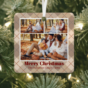Family Multi Photo Neutral Brown Plaid Christmas Metal Ornament