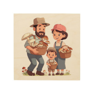 Family Mushroom Picking Together Wood Wall Art