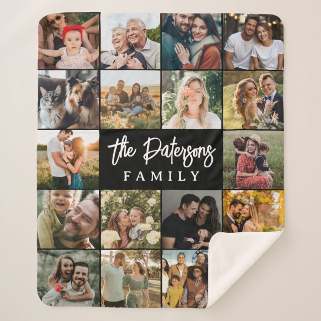 Family Name 18 Photo Collage Modern Elegant Black Sherpa Blanket (Front)
