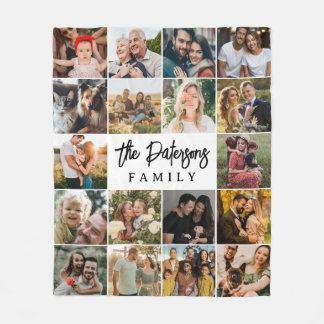 Family Name 18 Photo Collage Modern Elegant Script Fleece Blanket