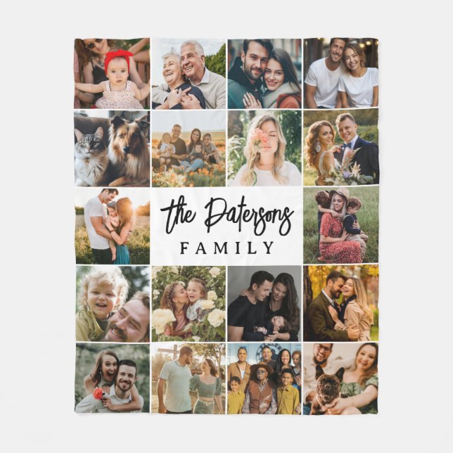 Family Name 18 Photo Collage Modern Elegant Script Fleece Blanket (Front)