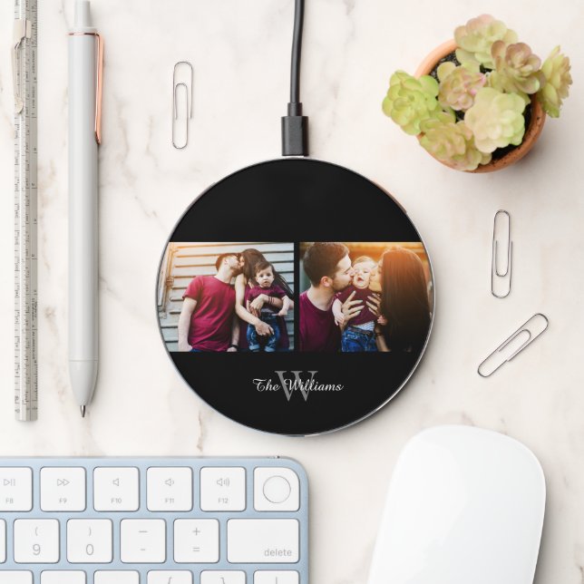Family Name 2-Photo Collage Wireless Charger (Desk)