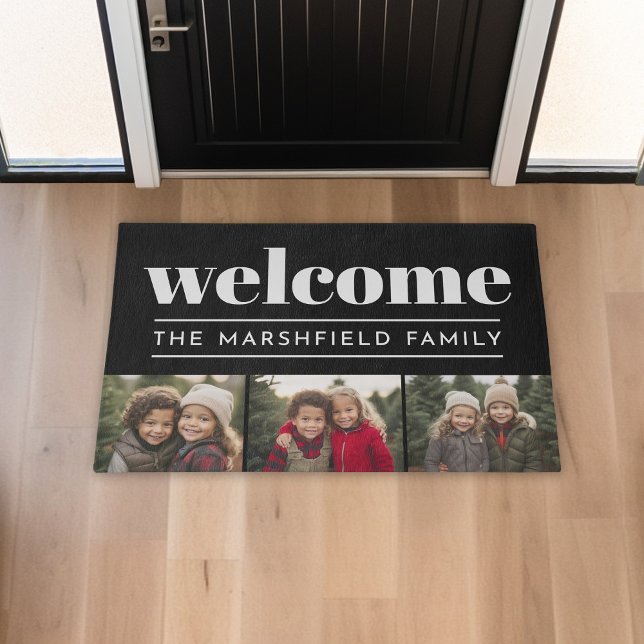 Family Name - 3 Photo - kitchen or indoor WELCOME Rug (indoor welcome rug with custom photos and family name)