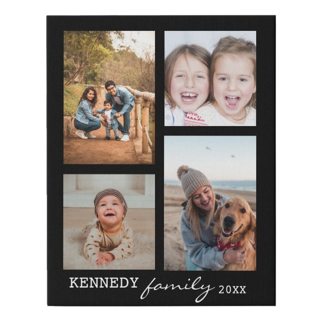 Family Name 4 Photo Collage Black Faux Canvas Print (Front)
