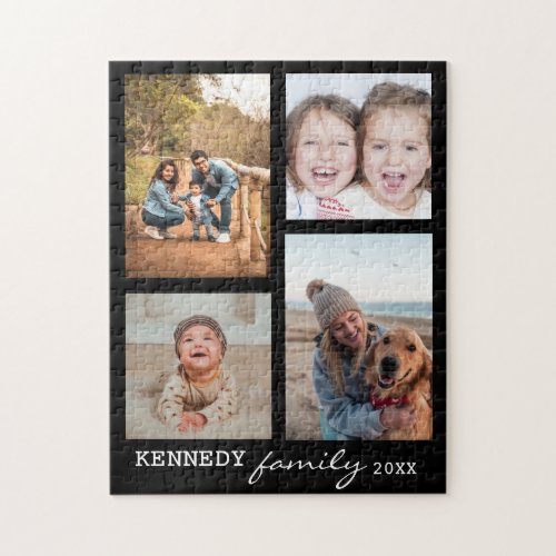 Family Name 4 Photo Collage Black Jigsaw Puzzle