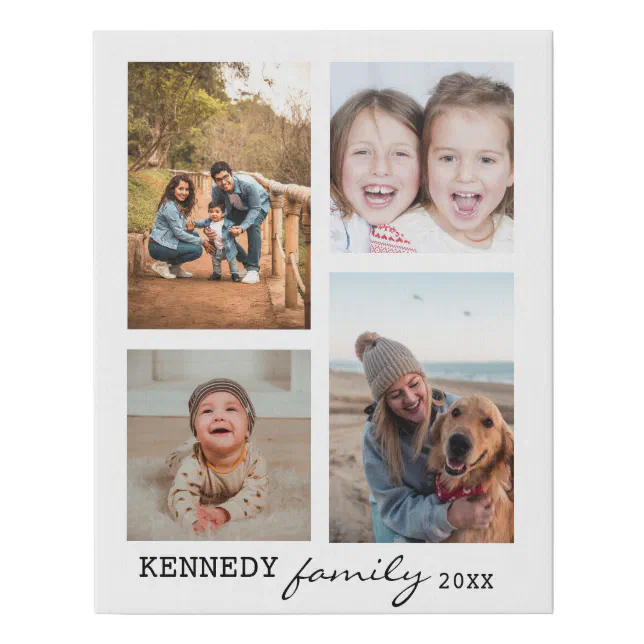 Family Name 4 Photo Collage White Faux Canvas Print | Zazzle