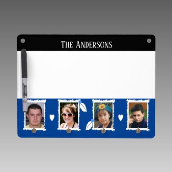 Family Name 4 Photos Leaves Hearts Black Blue Dry Erase Board With Keychain Holder by LynnroseDesigns at Zazzle
