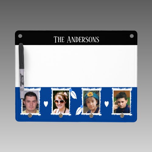Family name 4 photos leaves hearts black blue dry erase board with keychain holder