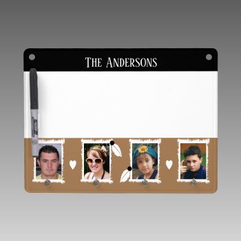 Family Name 4 Photos Leaves Hearts Black Brown Dry Erase Board With Keychain Holder by LynnroseDesigns at Zazzle