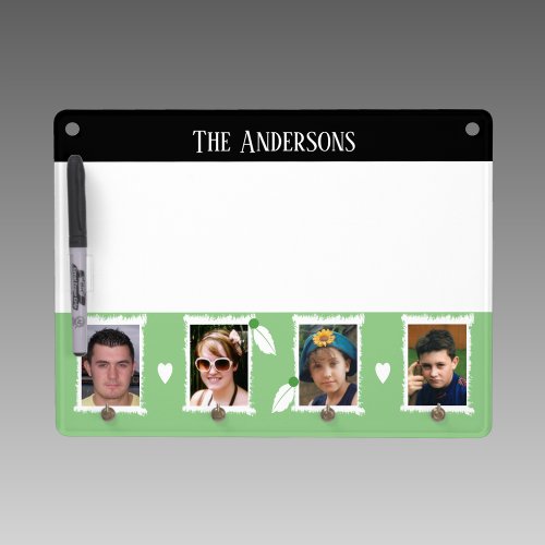 Family name 4 photos leaves hearts black green dry erase board with keychain holder