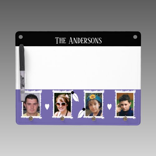 Family name 4 photos leaves hearts black purple dry erase board with keychain holder