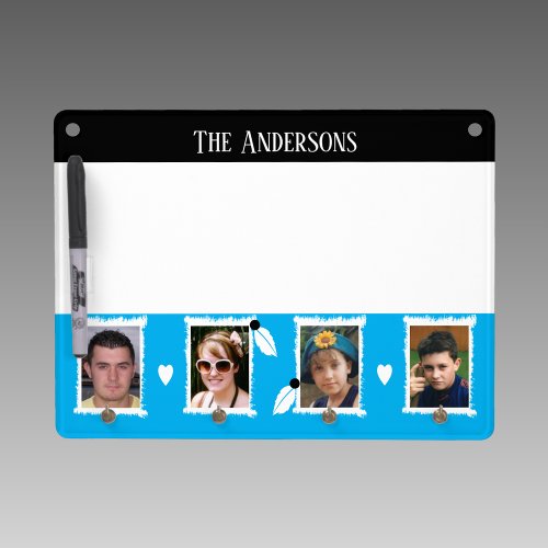 Family name 4 photos leaves hearts black sky blue dry erase board with keychain holder