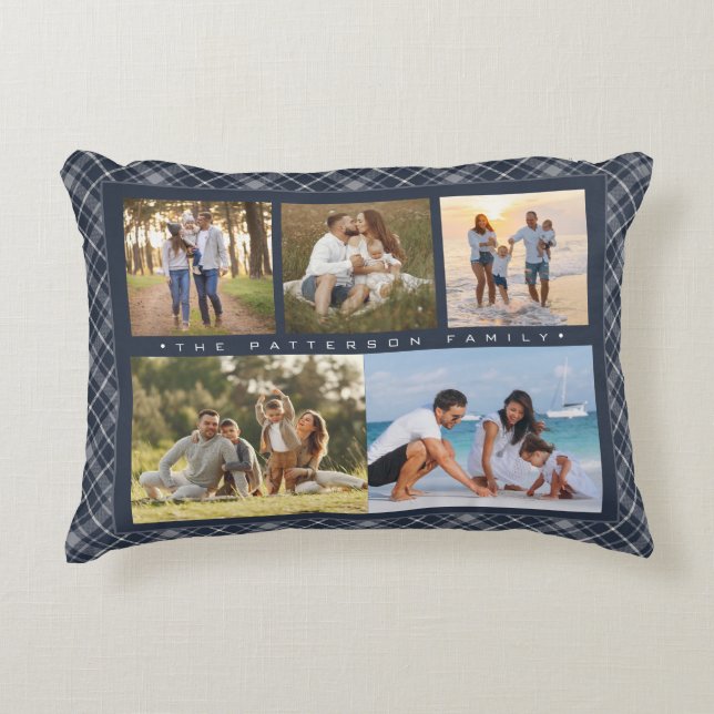 Family Name 5 Photo Collage Blue Plaid Modern Accent Pillow (Front)