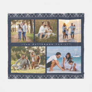 Family Name 5 Photo Collage Blue Plaid Modern Fleece Blanket