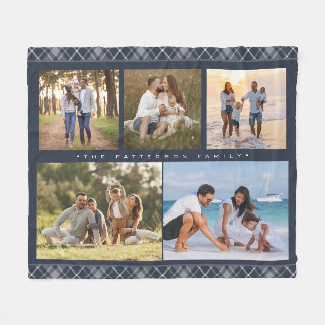 Family Name 5 Photo Collage Blue Plaid Modern Fleece Blanket (Front (Horizontal))